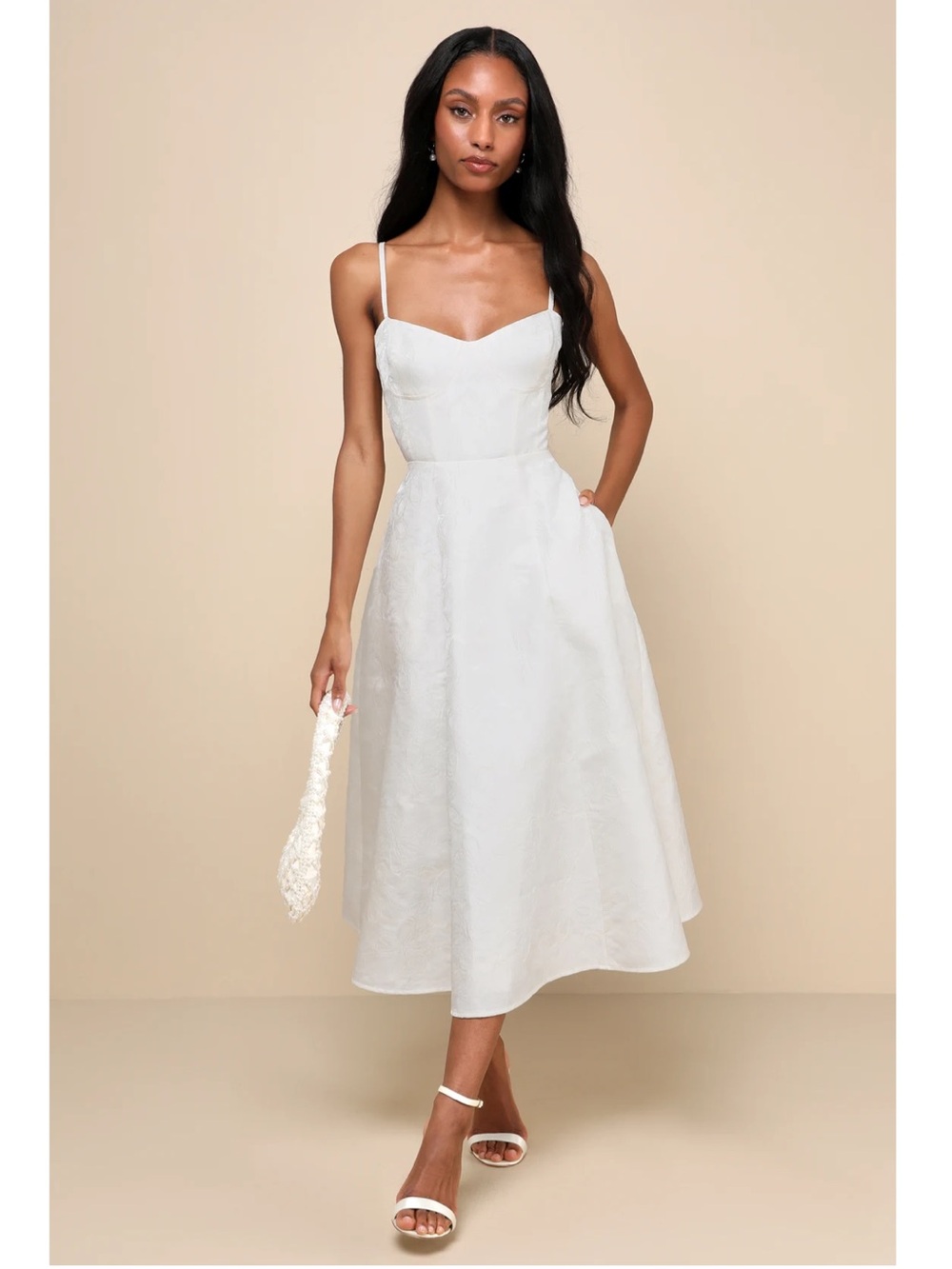 Lulus Meet For Tea White Jacquard Bustier Pockets Midi Dress NWT Large Event